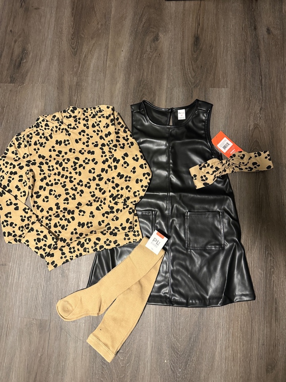 Faux Leather Pinafore Dress with Leopard Top and Tan Tights & matching headband